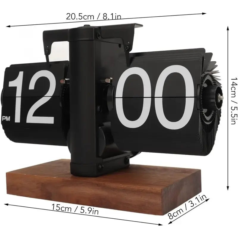 Retro Flip Clock | Mechanical Auto Flip Desk Clock with Wooden Base | Silent Quartz Table Clock