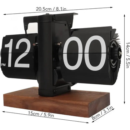 Retro Flip Clock | Mechanical Auto Flip Desk Clock with Wooden Base | Silent Quartz Table Clock