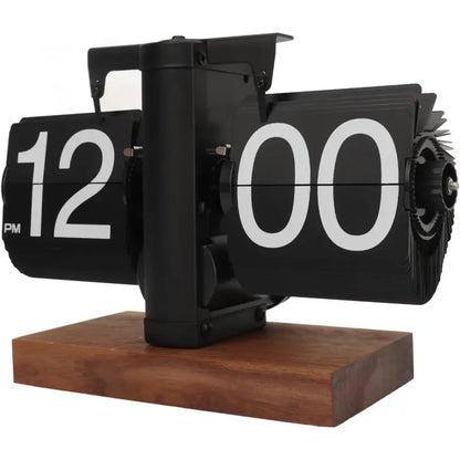 Retro Flip Clock | Mechanical Auto Flip Desk Clock with Wooden Base | Silent Quartz Table Clock